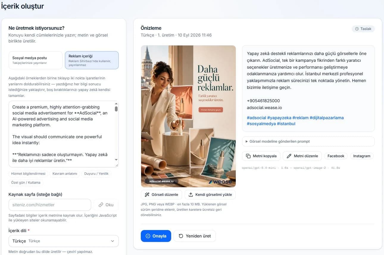 AdSocial İçerik Oluştur ekranı: solda istek, dil ve platform seçimi; sağda panelin ürettiği görsel ve metin.